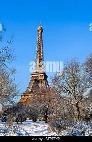 La Torre Eiffel che si erge dietro alberi del parco coperti di neve sotto un cielo blu limpido durante l'inverno a Parigi, Francia Foto Stock
