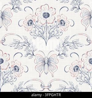 Motivo a fiocco floreale blu e blush con trama di lino. Ornamento botanico delicato senza cuciture con fiori contornati, rametti frondosi e nastri arricciati Foto Stock