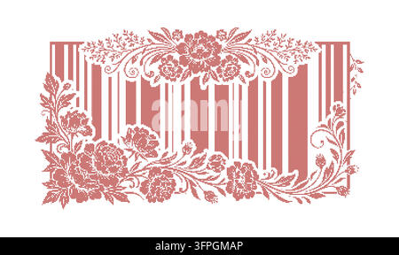 Cornice vettoriale con codice a barre floreale a mezzotono rosso con motivo vintage a rose Illustrazione Vettoriale