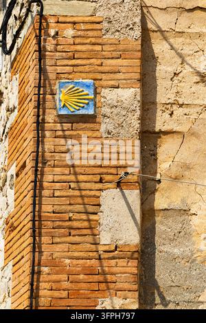 Simbolo di conchiglia che segna il Cammino di Santiago su un vecchio muro Foto Stock