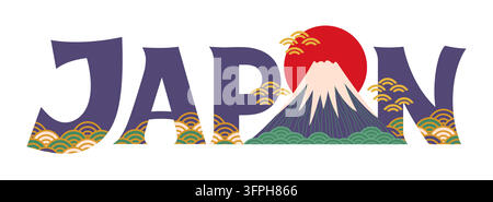 Cartolina retrò del monte Fuji giapponese con motivo di fiori di ciliegio e sole nascente rosso. Lettering giapponese in grassetto vettoriale per viaggi con il monte Fuji, ornamenti a onde decorativi, cima vulcanica innevata e sole Illustrazione Vettoriale