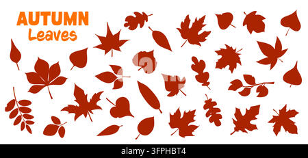 Silhouetti di foglie di foresta autunnale su sfondo bianco. Silhouetti arancioni di foglie di acero, quercia, castagno, betulla, sorbo per modelli di taglio laser, motivi di stampa e fogli di lavoro educativi Illustrazione Vettoriale