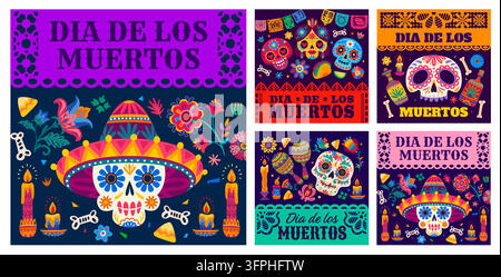 Banner messicani per la festa del Día de los Muertos. Cinque disegni di banner del Día de los Muertos con bordi in papel picado, maracas, candele e volti di teschi di zucchero per la festa del Día de los Muertos Illustrazione Vettoriale