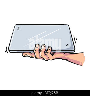 Illustrazione grafica vivace di una mano umana che sostiene un computer portatile moderno dal basso su uno sfondo bianco. Contorni audaci e cel-sha Illustrazione Vettoriale