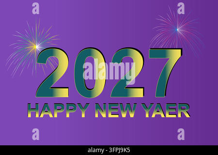 Design festivo di celebrazione di Capodanno 2027 con tipografia colorata del 2027, fuochi d'artificio scintillanti e sfondo viola vibrante per le feste. Illustrazione Vettoriale