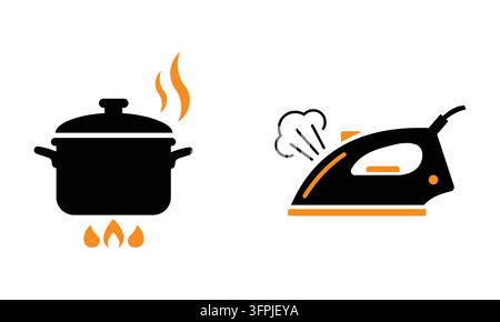 Icone piatte di pentola da cucina e ferro da stiro a vapore che rappresentano elettrodomestici per il design delle interfacce utente e la grafica delle applicazioni mobili Illustrazione Vettoriale