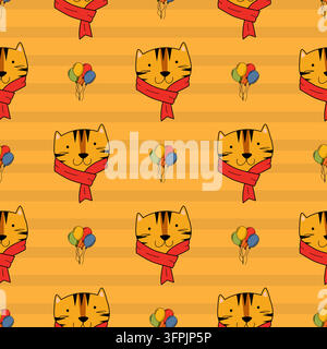 Palloncino e cartone animato con faccia di tigre così carino. Su sfondo giallo. Illustrazione vettoriale senza cuciture. Illustrazione Vettoriale