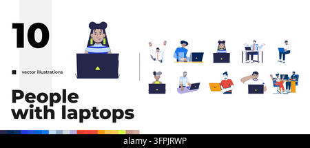 Diverse persone che utilizzano laptop per lavoro e attività online, pacchetto di illustrazioni vettoriali 2D Illustrazione Vettoriale