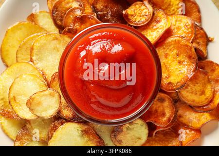 Patatine dolci di patata dolce. Fette di patata dolce fritte con ketchup in una ciotola di vetro, vista dall'alto. Patatine dolci di patata dolce croccanti con salsa di pomodoro Foto Stock