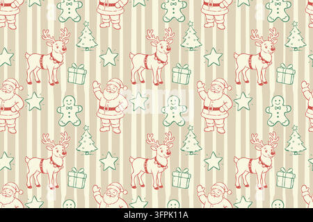 Modello senza cuciture natalizio festoso con allegro Babbo Natale, adorabili renne, biscotti di zenzero, alberi di Natale, stelle e scatole regalo. Vintage Illustrazione Vettoriale