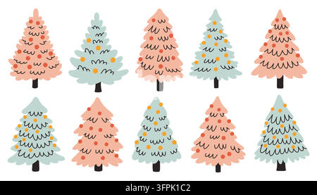 Alberi di Natale pastello carini con pini rosa morbido e verde menta decorati con palline colorate in stile illustrazione vettoriale piatta Illustrazione Vettoriale