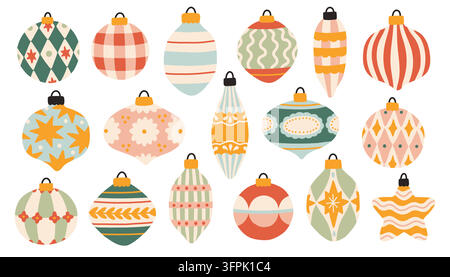 Set di palline e ornamenti natalizi vintage con motivi geometrici, a quadri e floreali in stile folk scandinavo vettoriale piatto Illustrazione Vettoriale