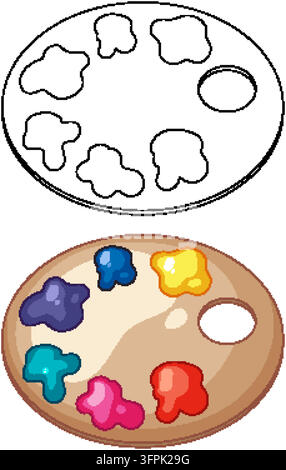 Illustrazione vettoriale di una tavolozza d'artista in legno con pitture colorate e una versione contorno nero Illustrazione Vettoriale