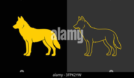 Silhouette e disegno lineare di un lupo dorato su sfondo bicolore Illustrazione Vettoriale