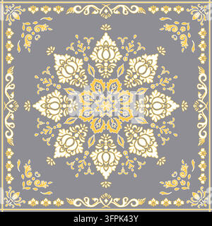 bandana grigia quadrata mandala floreale simmetrico motivo centrale presenta intricati motivi damascati bianchi e gialli incorniciati da bordi eleganti e ornati angoli vec Illustrazione Vettoriale