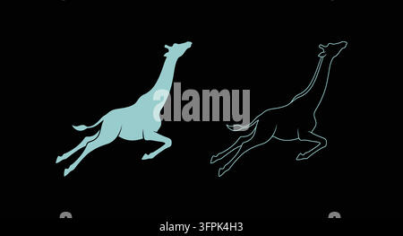 Illustrazione a silhouette di una giraffa al galoppo come forma piatta e arte a linee sottili Illustrazione Vettoriale