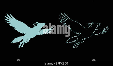 Volpe volante con ali silhouette e insieme di icone di contorno volpe alata fantasia anima Illustrazione Vettoriale