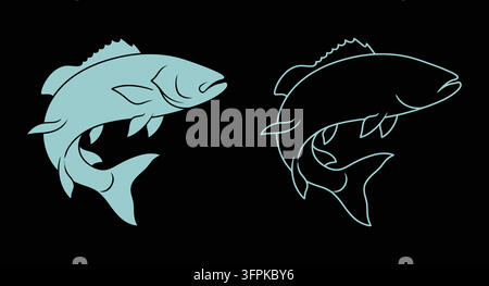 Set di icone di silouette e contorno di pesce che salta con icona di pesca Illustrazione Vettoriale