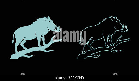 Cinghiale in piedi su un ramo, set di silhouette e contorni con sagome di animali Illustrazione Vettoriale