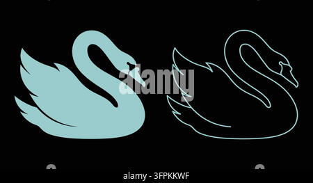 Elegante icona grafica a linea e silhouette di cigno su sfondo nero Illustrazione Vettoriale