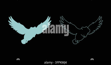 Set di icone di aquila stilizzata in volo con ali largamente spiegate, silhouette di fauna selvatica Illustrazione Vettoriale