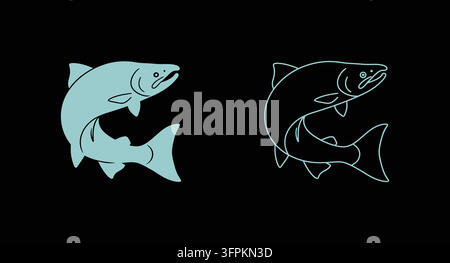 Silhouette di salmone che salta e arte outline con silhouette di pesce Illustrazione Vettoriale