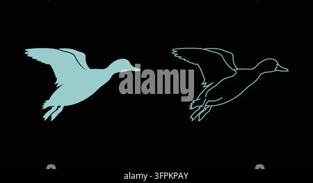 Silhouette di anatre volanti in stili di contorno blu e bianchi solidi con icona di anatra Illustrazione Vettoriale
