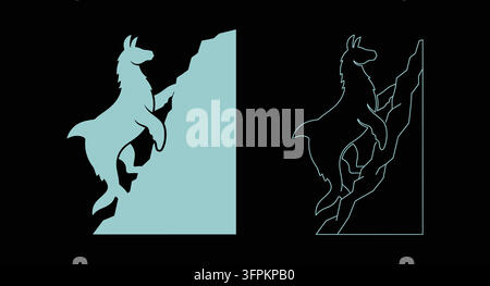 Silhouette e arte lineare di un lama che scalata la montagna con icona animale Illustrazione Vettoriale