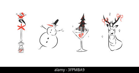 Set di illustrazioni per le vacanze di Natale con elfo di Babbo Natale, pupazzo di neve, cocktail albero di Natale e renna festosa, arte lineare vettoriale retrò disegnata a mano Illustrazione Vettoriale