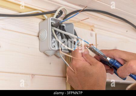 Primo piano di un elettricista che unisce dei cavi di rame all'interno di una scatola di giunzione aperta, assemblando il sistema elettrico in una casa di legno. Foto Stock