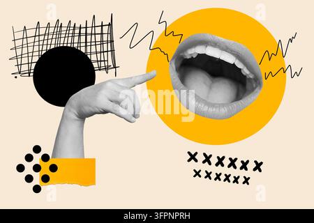 Collage di una mano di donna che indica una bocca aperta e sorridente sopra un cerchio color giallo, insieme ad elementi geometrici su uno sfondo beige. Anteriore Foto Stock