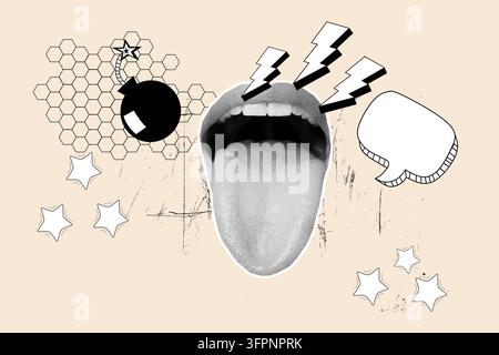 Collage di una bocca aperta che mostra la lingua accanto a una bolla di chat e fulmini su uno sfondo beige. Vista frontale e primo piano. Spazio per il testo Foto Stock