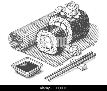 Rotoli di sushi su un tappeto di bambù con bacchette, salsa di soia e padella per wasabi, illustrazione vettoriale. Per temi di riso, menu di ristoranti giapponesi, sushi ba Illustrazione Vettoriale