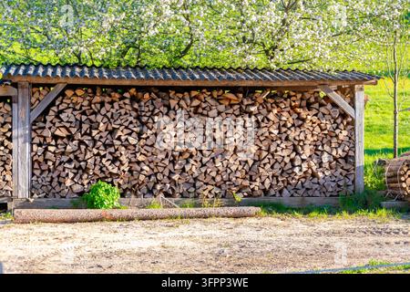 Una grande pila di legna da ardere riempie un rifugio rustico in legno all'aperto. Foto Stock