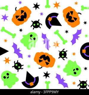 Modello senza cuciture di Halloween con fantasmi, ragni, pipistrelli e zucche Illustrazione vettoriale Illustrazione Vettoriale