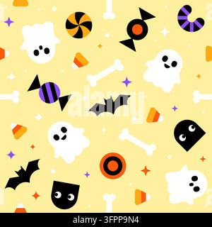 Simpatico motivo senza cuciture di Halloween con fantasmi, pipistrelli e candy corn Illustrazione vettoriale Illustrazione Vettoriale
