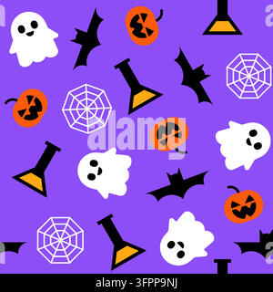 Modello senza cuciture di Halloween con fantasmi pipistrelli zucche e ragnatele Illustrazione vettoriale Illustrazione Vettoriale