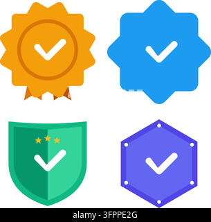 Set di quattro icone vettoriali colorate con segni di spunta in badge, scudi ed esagoni per concetti di approvazione Illustrazione Vettoriale