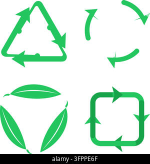 Set di icone vettoriali verdi di riciclaggio ed ecologiche con frecce e foglie su sfondo bianco Illustrazione Vettoriale