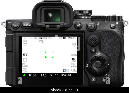 Fotocamera digitale mirrorless moderna schermo di messa a fuoco isolato. Registrazione di sovrapposizione della telecamera del mirino. Modello dettagliato pronto per 8K. Illustrazione vettoriale Illustrazione Vettoriale