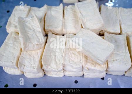 Blocchi di tofu fatti a mano con pelle rugosa esposti in uno stallo del mercato vietnamita. Hanoi. Vietnam. Foto Stock