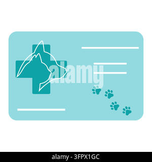 Illustrazione di una tessera veterinaria con animali domestici e impronta di zampa su sfondo bianco Illustrazione Vettoriale