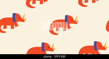 Motivo senza cuciture carino con giocosi dinosauri Triceratops rossi su uno sfondo texture carta caldo. Dinosauri amichevoli disegnati a mano con forme audaci Illustrazione Vettoriale