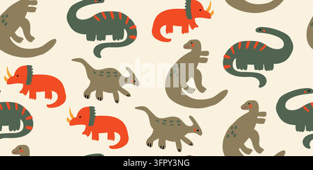Motivo senza cuciture carino con dinosauri verdi e rossi amichevoli su uno sfondo texture carta caldo. Design giurassico minimalista disegnato a mano con erbivori e predatori giocosi in uno stile scandinavo. Illustrazione vettoriale Illustrazione Vettoriale