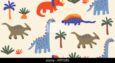 Modello senza cuciture con dinosauri colorati e amichevoli, piante preistoriche e palme su uno sfondo di carta sabbiosa caldo. Design giurassico disegnato a mano in uno stile scandinavo giocoso. Illustrazione vettoriale Illustrazione Vettoriale