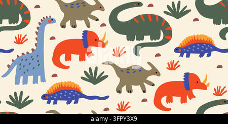 Motivo senza cuciture carino con dinosauri colorati disegnati a mano che vagano tra piante preistoriche, fossili e arbusti su uno sfondo texture carta caldo. Un design giurassico scandinavo giocoso. Illustrazione vettoriale Illustrazione Vettoriale