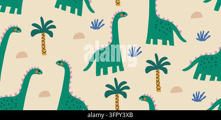 Simpatico motivo senza cuciture con giocosi dinosauri Triceratops rossi su uno sfondo caldo con trama di carta. Dinosauri amichevoli disegnati a mano con forme audaci creano un design minimalista scandinavo per la cameretta. Illustrazione vettoriale Illustrazione Vettoriale