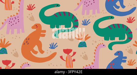 Motivo senza cuciture carino con dinosauri colorati, piante preistoriche e impronte di dinosauri su uno sfondo sabbioso caldo. Una scena giurassica giocosa con dinosauri amichevoli disegnati a mano in uno stile moderno. Illustrazione vettoriale Illustrazione Vettoriale