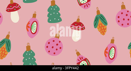 Motivo natalizio retrò femminile con ornamenti vintage colorati sparsi su uno sfondo rosa polvere morbido. Classiche palline, funghi, mais, fiori e alberi di Natale. Illustrazione vettoriale Illustrazione Vettoriale