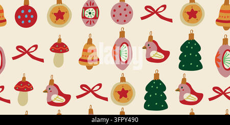 Simpatico motivo natalizio retrò con file di ornamenti colorati per alberi su uno sfondo di carta caldo. Palline rosa e gialle, stelle, fiocchi, funghi, uccelli, campanelle e alberi di Natale creano un'atmosfera giocosa. Illustrazione vettoriale Illustrazione Vettoriale